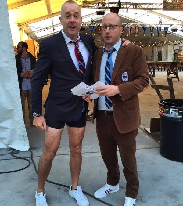 Michael Davies and Roger Bennet, the "Men in Blazers" duo, host the first ever BlazerCon at the Brooklyn Expo Center - Custom Pennants for BlazerCon were produced by National Flag & Display (NYC)