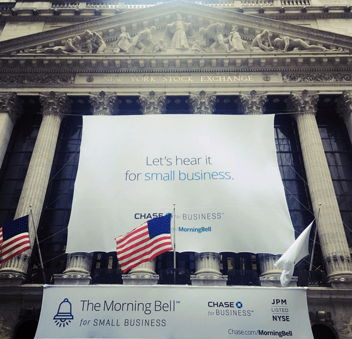 National Flag and Display produces the Custom Banners at the New York Stock Exchange, for Chase for Business. Chase for Business today rang the opening bell and launched a new way to celebrate and promote small businesses.