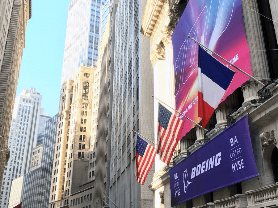 National Flag and Display produces Custom Banners at the New York Stock Exchange for the Boeing Company