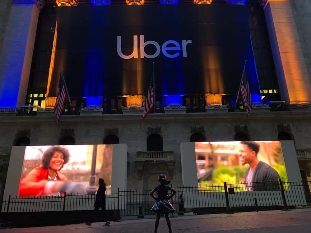 National Flag and Display produces the Custom Banners at the New York Stock Exchange for the Initial Public Offering of Uber.