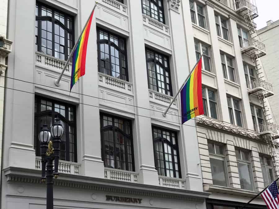 National Flag & Display produces and installs Custom Pride Flags for Burberry, at their San Francisco, CA location.