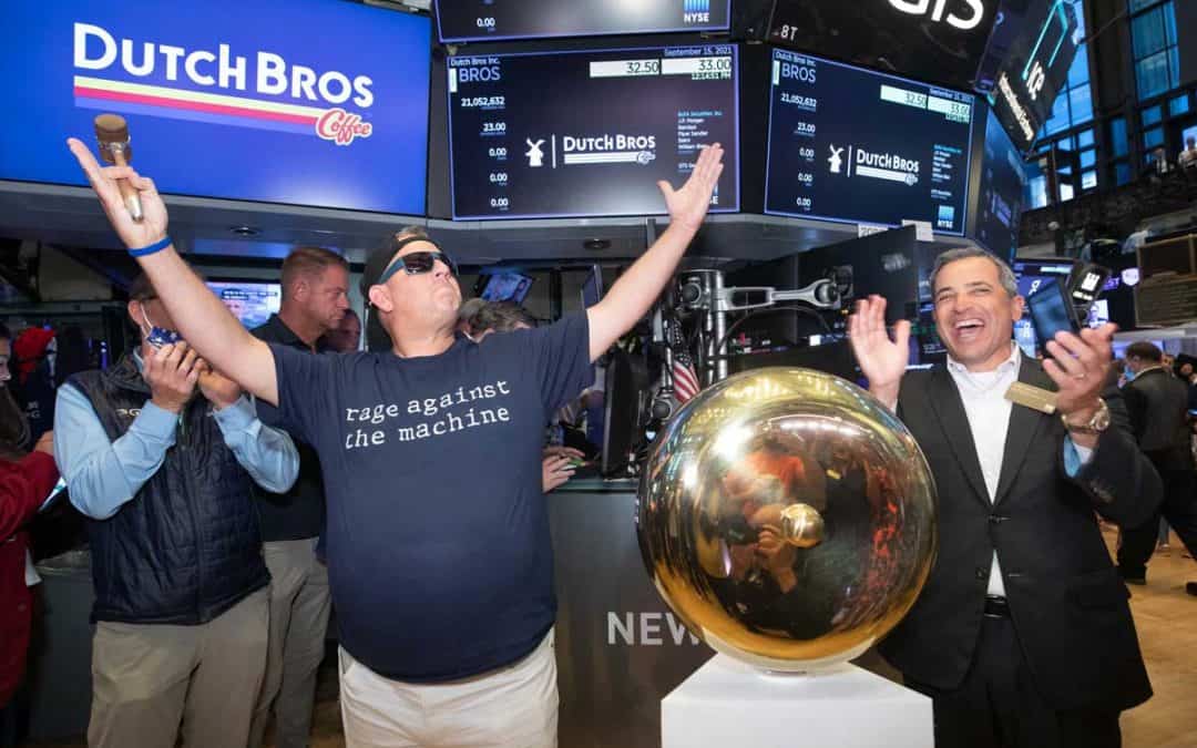 National Flag and Display produces the Custom Banners at The New York Stock Exchange for the Initial Public Offering of the Dutch Bros Coffee Co.